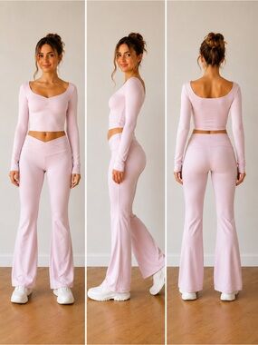 Gilly Hicks Recharge Pink Yoga Set S Top M Flare Leggings